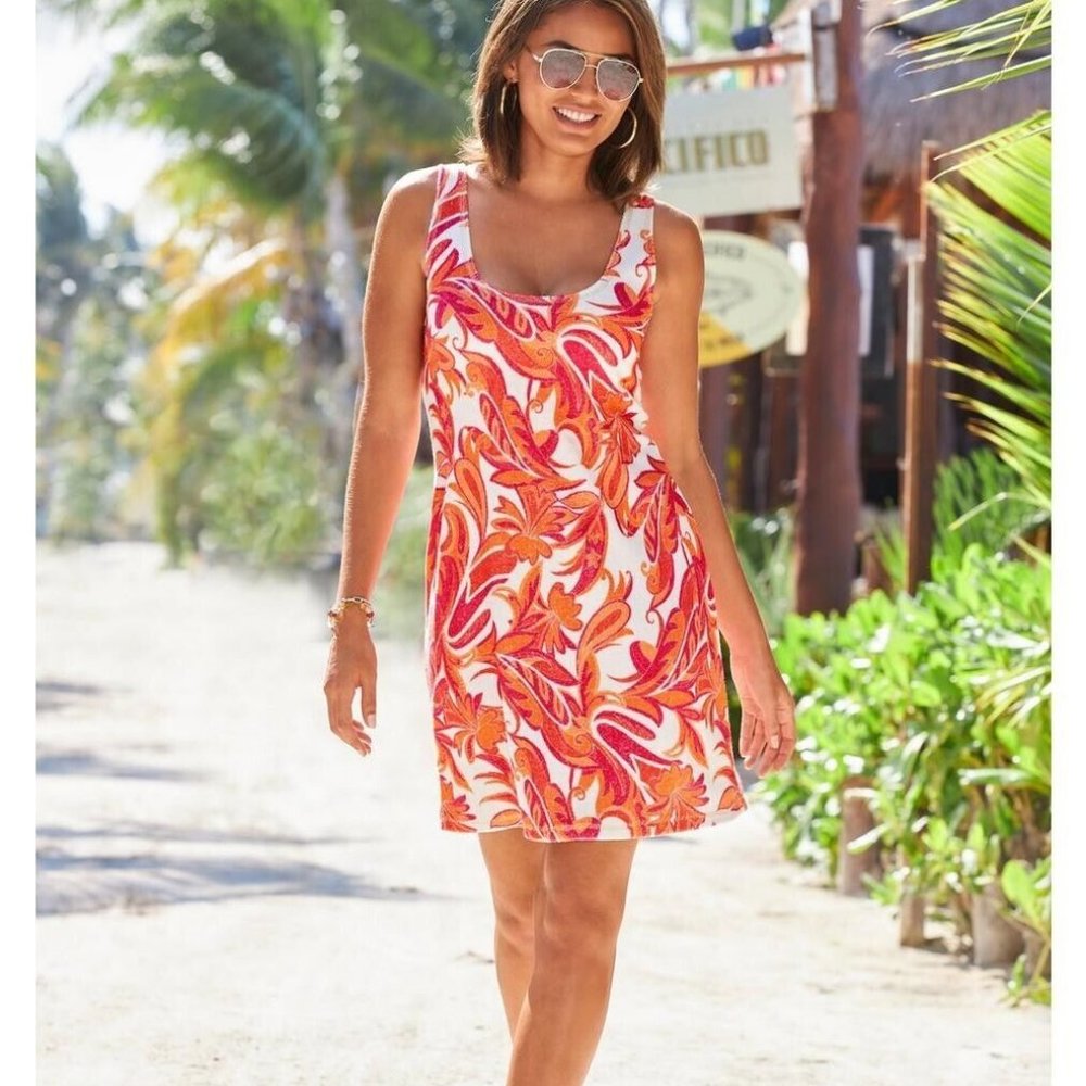 $89.50 NWT BOSTON PROPER LOOP TERRY PRINTED SCOOP NECK TANK DRESS SIZE: XS